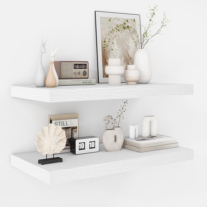 Fun Memories Floating Shelves - 2 Pack 12 Inch Deep Rustic Wooden Wall Shelves - Extra Deeper & Thicker Wall Mounted Storage Shelf for Living Room, Kitchen, Farmhouse - 24" W x 12" D x 1.5" H - White-Ruum Studio Home