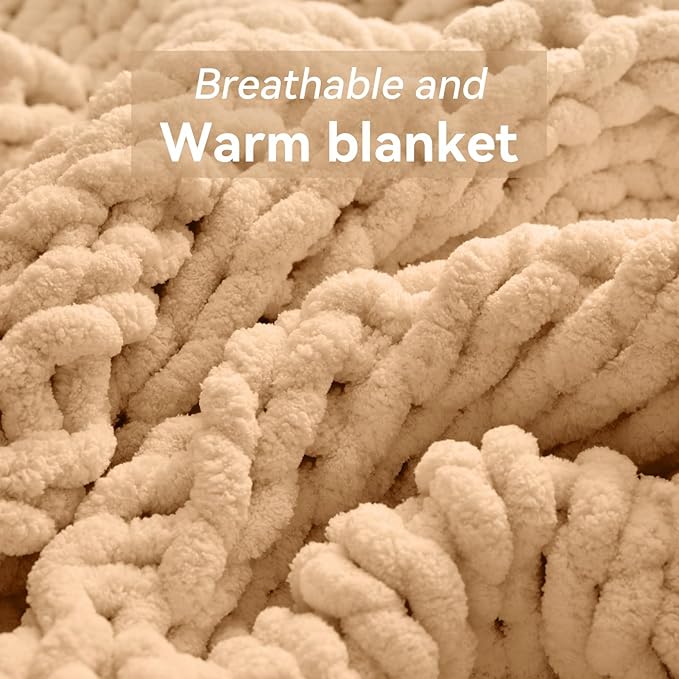 Chunky Knit Throw Blanket, 30''*40'' Knitted Throw Chenille Yarn for Bed Couch, Handmade Beige Crochet Big Thick Blanket, Machine Washable Cute Comfy Blanket for Home Decor-Ruum Studio Home