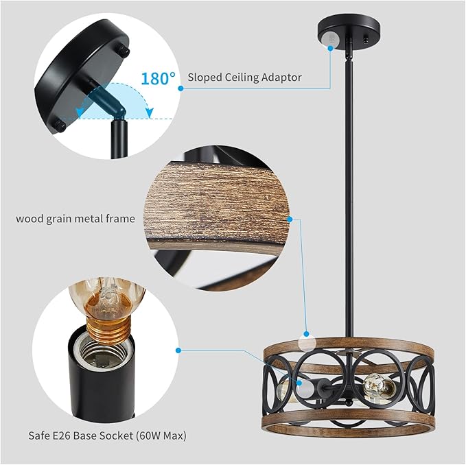 XINGQI Black Ceiling Light Adjustable Height Chandelier Modern Farmhouse Pendant Lighting Fixture Wood Grain Metal 13" Rustic Round Lights for Dining Room Kitchen Bedroom Entryway-Ruum Studio Home