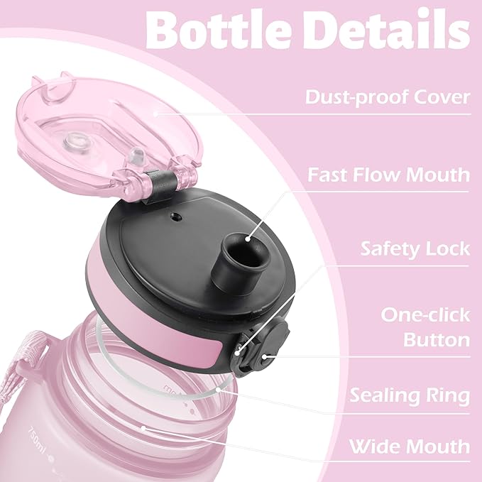 OLDLEY 25 oz Water Bottle, Motivational Water Bottle with Time Marker, Sports Water Bottle With Strap, Leakproof & BPA Free Large Water Bottles for School, Gym, Travel, Outdoor, Tritan,Pink-Ruum Studio Home