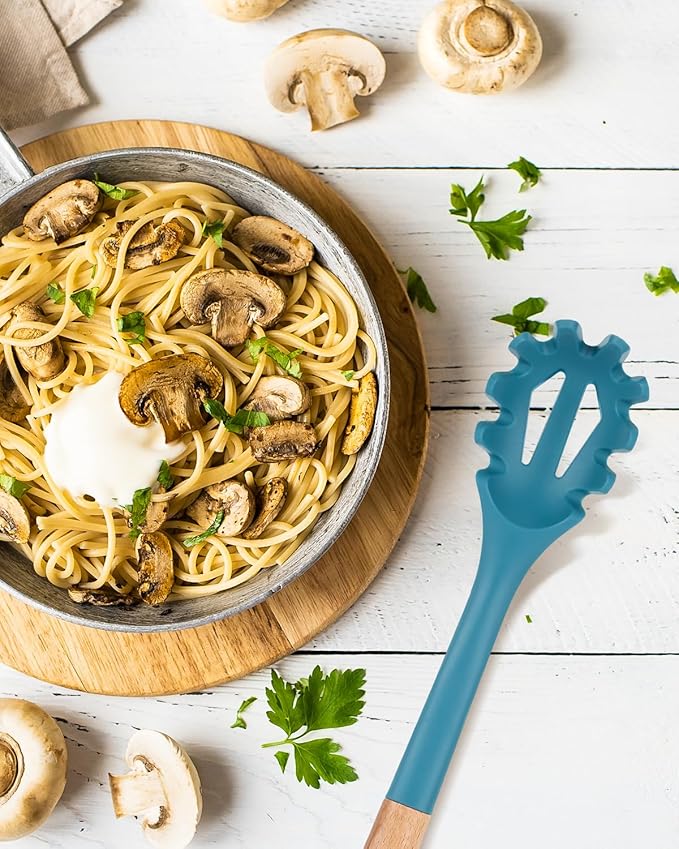 Silicone Pasta Fork, Kitchen Heat Resistant Noodle Spoon Server, BPA Free Spaghetti Strainer,12.8 inch (BLUE)-Ruum Studio Home