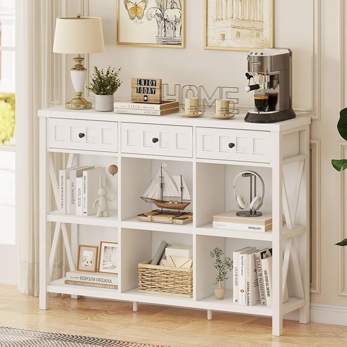 FATORRI 6 Cube Storage Bookshelf with 3 Drawers, Long Horizontal Bookcase, Modern Cubby Organizer Shelf (White Oak, 47 Inch)-Ruum Studio Home