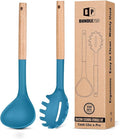 Silicone Pasta Fork and Ladle Spoon Set with Wooden Handle, Heat Resistant Non Stick Kitchen Utensils for Cooking, Stirring, Serving Spaghetti, Soup, Sauce(BLUE)-Ruum Studio Home