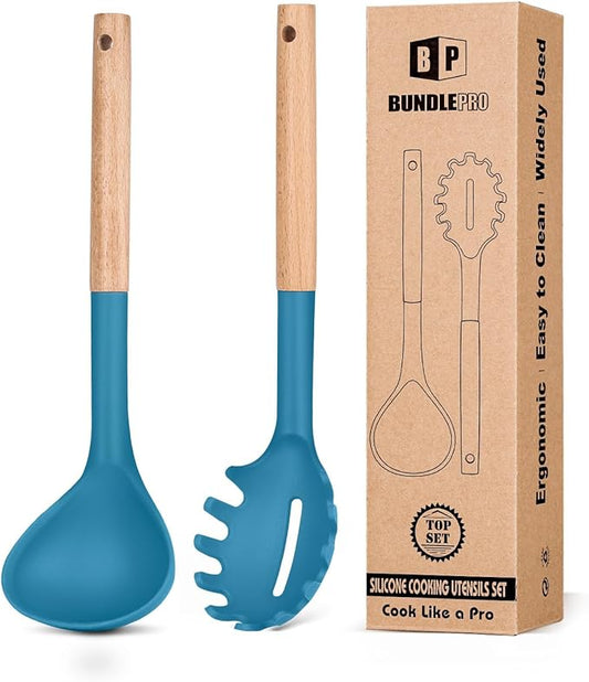 Silicone Pasta Fork and Ladle Spoon Set with Wooden Handle, Heat Resistant Non Stick Kitchen Utensils for Cooking, Stirring, Serving Spaghetti, Soup, Sauce(BLUE)-Ruum Studio Home