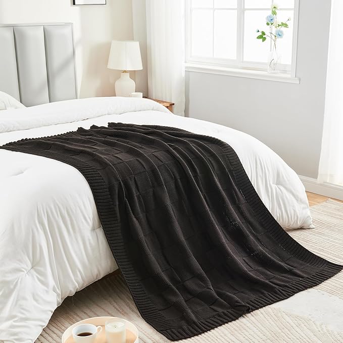 CozeCube Check Knit Throw Blanket, Jet Black Checkered Throw for Couch, Decorative Christmas Soft Cozy Warm Knitted Blanket for Bed Sofa Living Room, 60"X80"-Ruum Studio Home