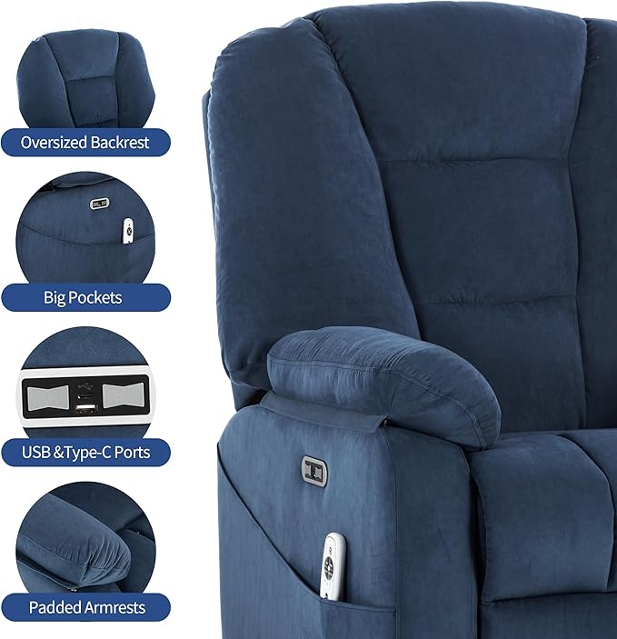 Power Swivel Rocker Recliner Chair for Adults,Rocking Recliners Chairs with Massage and Heat for Living Room, Electric Fabric Reclining Sofa Chair with USB and Type-C Port (Fabirc Blue)-Ruum Studio Home