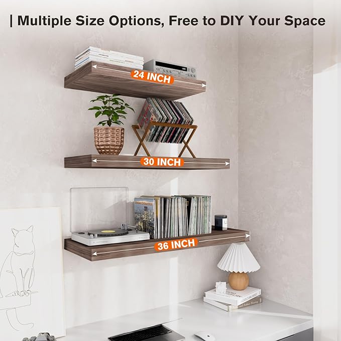 Floating Shelf, Set of 2 Wall Shelf, 24 in W x 12.75 in D x 2 in H Wooden Floating Wall Shelf with Invisible Brackets for Living Room/Bedroom/Bathroom/Kitchen Storage and Decor, Walnut-Ruum Studio Home