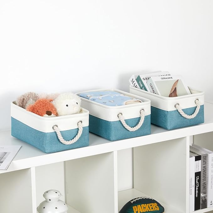 Bidtakay Small Storage Baskets for Shelves 3 Pack Fabric Storage Bins for Organizing Linen Collapsible Organizer for Closet-White&Teal-Ruum Studio Home