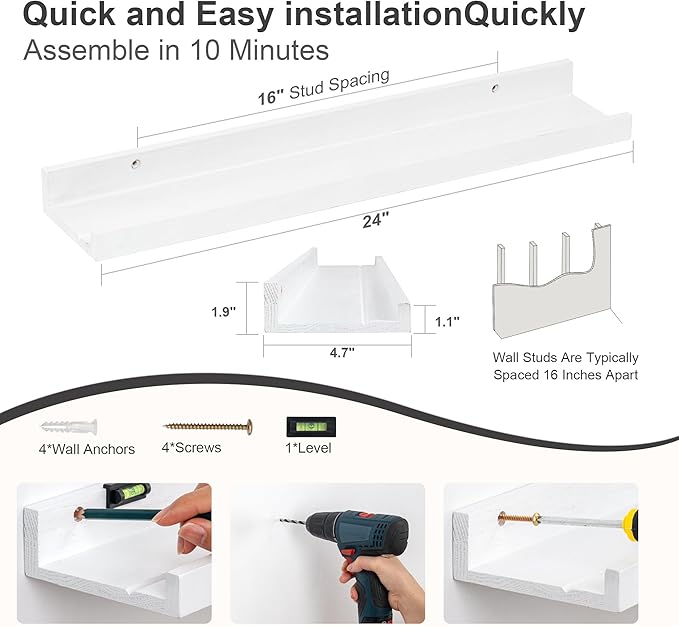 Floating Picture Ledge Shelves 24 Inch Solid Oak Wood Set of 2, Rustic Wall Storage Shelves with Lip, Kids Bookshelf, Photo & Picture Ledge Shelves for Bedroom, Living Room, Kitchen-Ruum Studio Home