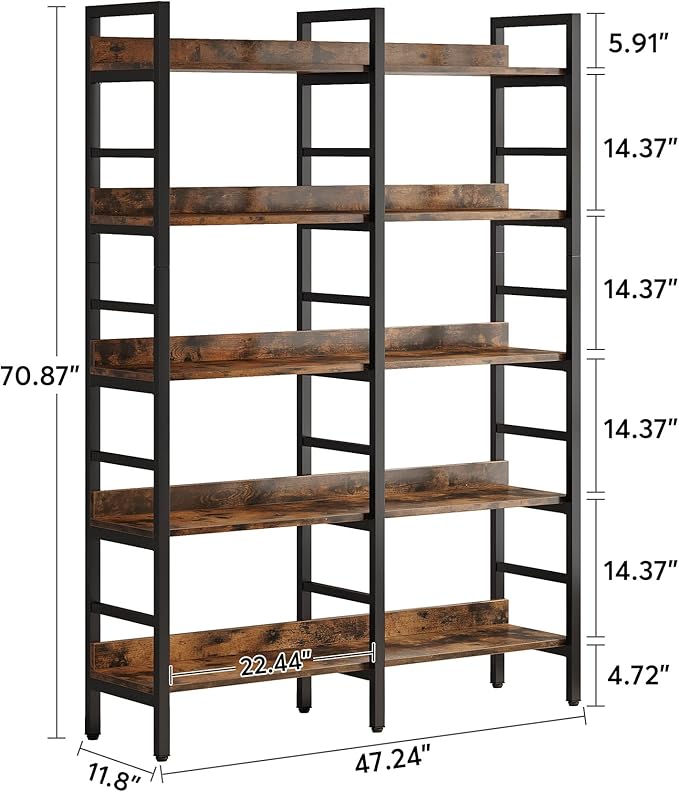 Tribesigns 5-Tier Industrial Bookshelf, 71”H x 47”W Etagere Bookcase, Freestanding Double Wide Book Shelf for Storage and Display, Wood and Metal Bookshelves for Living Room Home Office, Rustic Brown-Ruum Studio Home
