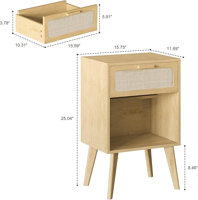 Rattan Nightstand with Opening Storage,Boho Bedside Table with Drawer,Wood Nightstand with Solid Wood Legs,End Side Table for Living Room,Bedroom,Small Space Natural CTG62Y-Ruum Studio Home