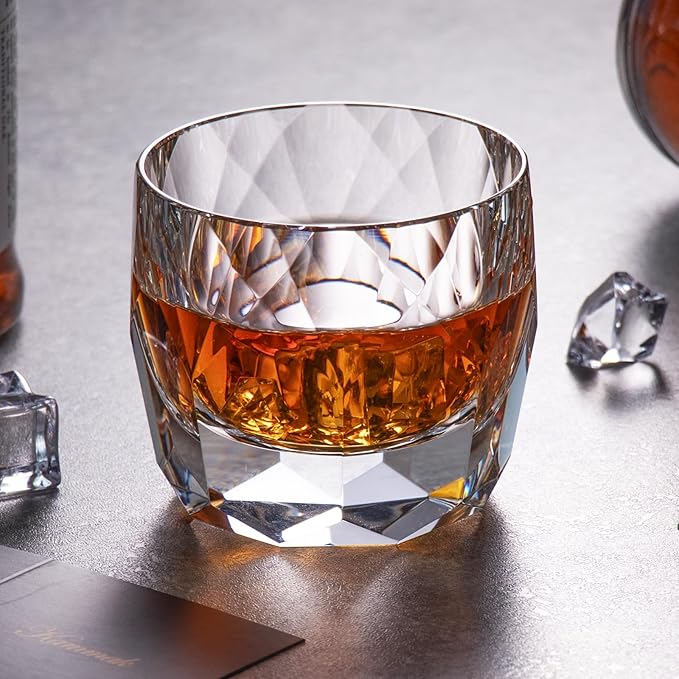 KAMMAK Crystal Whiskey Glasses Set of 2, 7.1oz Old Fashioned Glasses Stemless, Hand Blown White Cocktail Glasses, Luxury Handcrafted Cut Ice Ball Cup for Women, Perfect Men Gift for Bourbon-Ruum Studio Home