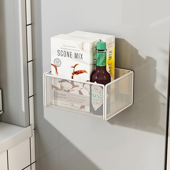 Magnetic Basket Organizer Holder for Fridge Magnetic Storage Bin Box Containers for Refrigerator Whiteboard Classroom (Small, White)-Ruum Studio Home