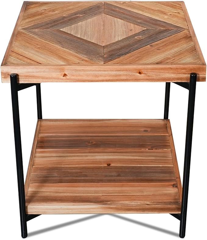 CONSDAN StoneCreek Solid Fir Wood Side Table - Metal Frame, 2-Tier End Table for Living Room/Bedroom/Office, 23" Square Night Stand, Accent Table-Ruum Studio Home