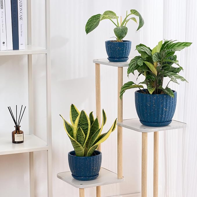4/5/6 Inches Ceramic Plant Pots with Drainage Holes and Saucers, Round Flower Pots for Indoor Plant, Modern Flower Planters Set of 3 (Blue with Dot-Big Size)-Ruum Studio Home