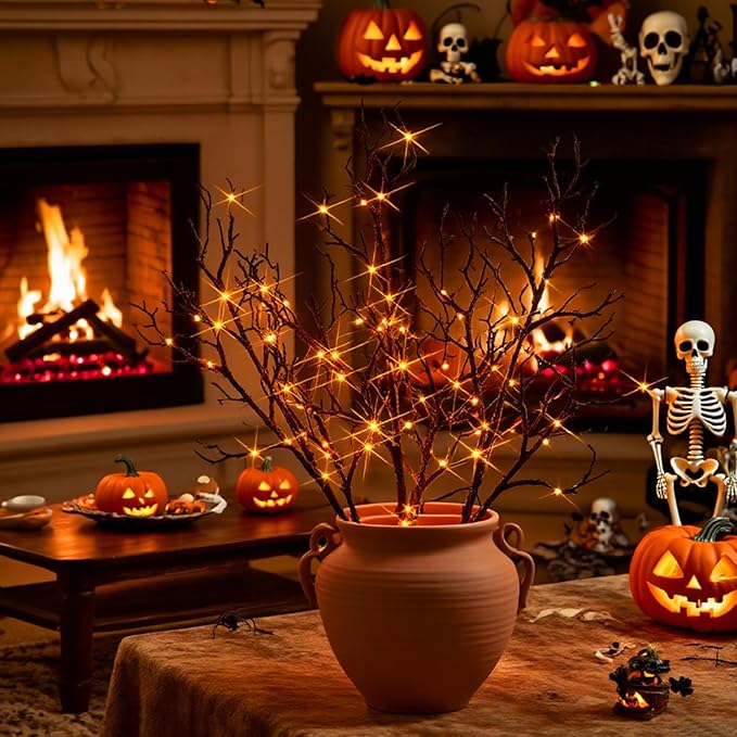 Birchlitland Halloween Branch Lights with Timer Battery Operated 75 LED Orange Fairy Lights, Lighted Black Willow Branches 21IN for Home Decor-Ruum Studio Home