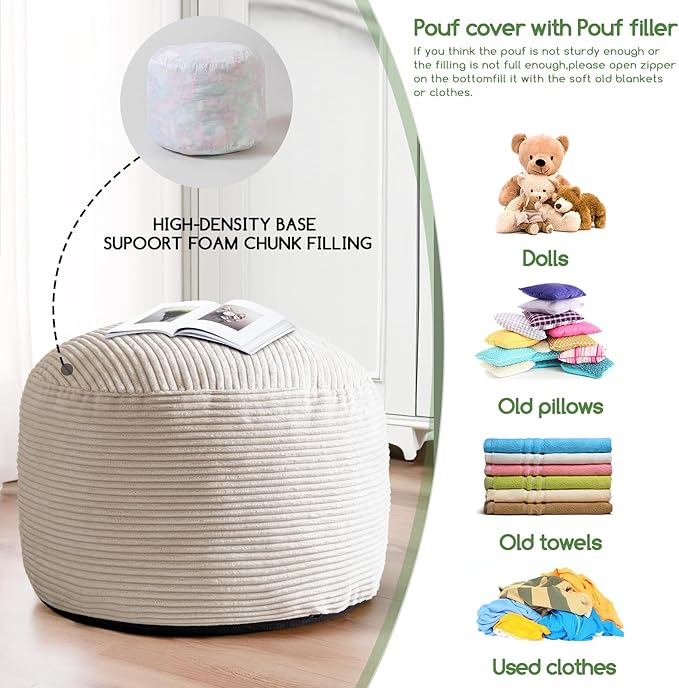HIGOGOGO Round Stuffed Pouf Ottoman, Corduroy Poufs with Foam Chunk Filling, Furry and Fluffy Pouf Foot Stool Storage Ottoman, 26 X 18 Floor Poufs Foot Rest for Living Room, Beige-Ruum Studio Home