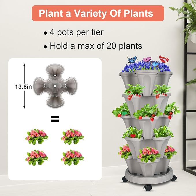Vertical Planter, 5 Tier Stackable Strawberry Planter with Garden Tool Set, Movable Indoor/Outdoor Garden Herb Pot for Growing Vegetables and Succulents, Gray-Ruum Studio Home