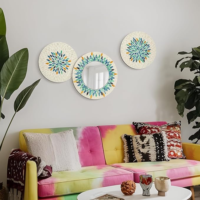 TEIPAI Jewel-Tone Mother of Pearl Mirror Wall Decor for Living Room, 3PCS Handmade Round Wall Art for Home Guest Room Decoration, Unique Mosaic Art Gift for Birthday Wedding Housewarming (Colored)-Ruum Studio Home