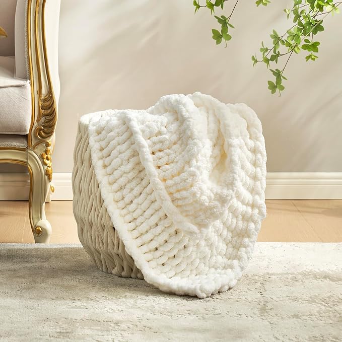 Amélie Home Chunky Knit Throw Blanket for Couch, Soft Chenille Crochet Blanket for Sofa, 50"x60", Ivory-Ruum Studio Home