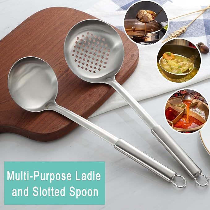 Pleafind 2-Pcs Ladle and Slotted Spoon, Soup Ladle and Strainer Spoons, Stainless Steel Cooking Spoon and Skimmer Spoons, Kitchen Utensils, Wok Utensils for Home and Restaurant, Dishwasher Safe-Ruum Studio Home
