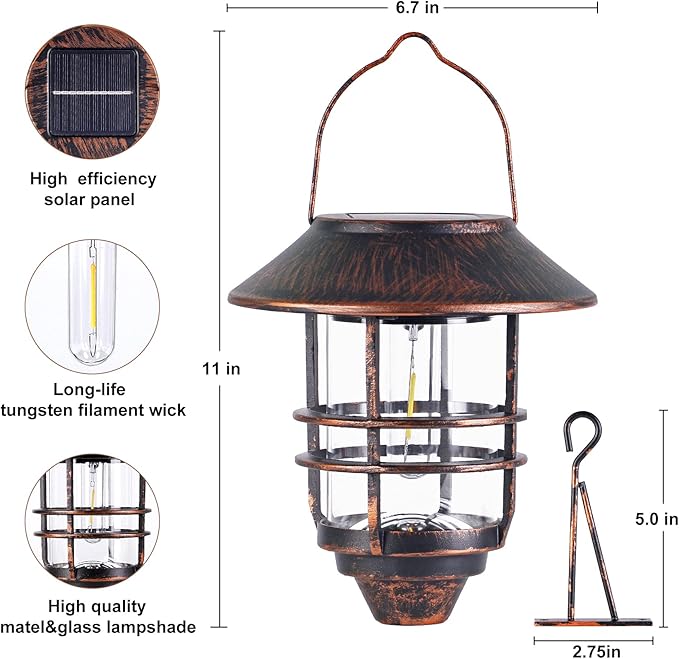 Solar Lantern Outdoor, Hanging Waterproof Solar Lights with Wall Mount Kit for Garden Porch Fence 2 Pack,Bronze-Ruum Studio Home
