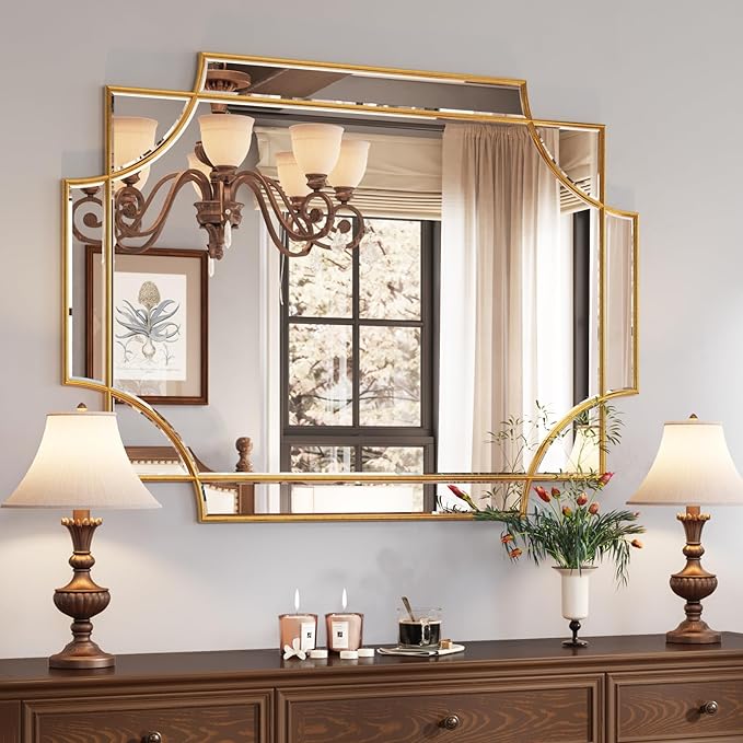 Kelly Miller Large Gold Decorative Mirror for Wall, 30"x40" Gold Bathroom Mirror Vanity Wall Mirror Rectangle Mirror Beveled for Master Bath Half Bath Living Room Bedroom Farmhouse Fireplace Hallway-Ruum Studio Home
