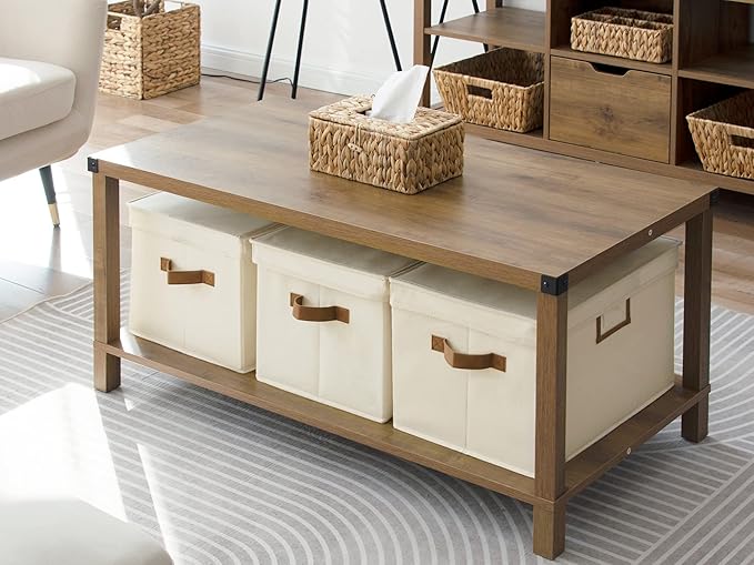 StorageWorks Storage Bins with Lids, Decorative Storage Boxes with Lid and PU Handles, Foldable Storage Baskets for Closet, Shelves, Stackable, Ivory, Jumbo, 3-Pack-Ruum Studio Home