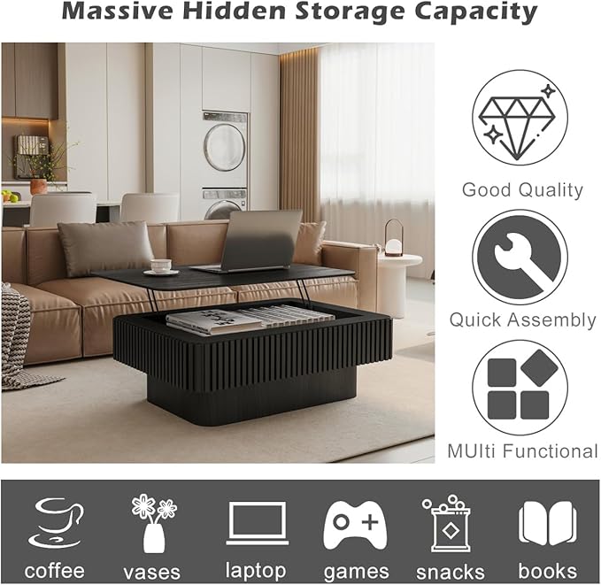 Lift Top Coffee Table with Storage, Solid Wood Coffee Table with Adjustable Height, Fluted Center Table Accent Tea Table for Living Room, Apartment, Office (38.6" Black)-Ruum Studio Home