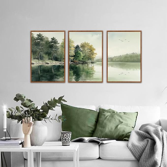 KAIRNE Framed Nature Canvas Wall Art Set,Misty Forest Wall Decor,Green Mountain Forest Pictures,Lake Water Painting set of 3(16”x24”),Landscape Scene Print for Living Room, Bedroom,Gallery Decor-Ruum Studio Home