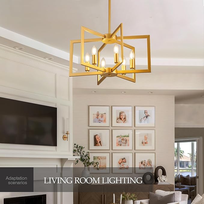 Modern Farmhouse Gold Chandeliers for Dining Room, 6-Light Industrial Metal Chandeliers Geometric Pendant Lights Kitchen Island for Entryway Stairway Foyer Hallway-Ruum Studio Home