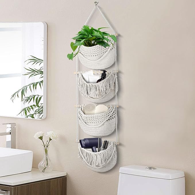 4 Tier Hanging Fruit Basket for Kitchen, 4 Pack Detachable Cotton Crocheted Wall Hanging Baskets Shelf Over Door Organizer for Fruit Veggie Plant, Hanging Storage Basket for Bathroom Bedroom(Beige)-Ruum Studio Home