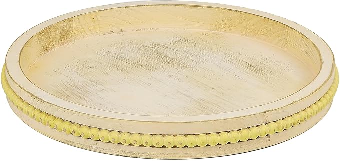 Round Wood Serving Tray with Beads, Yellow Washed Wooden Decorative Tray for Entertaining, Decoration, and Gifting-Ruum Studio Home