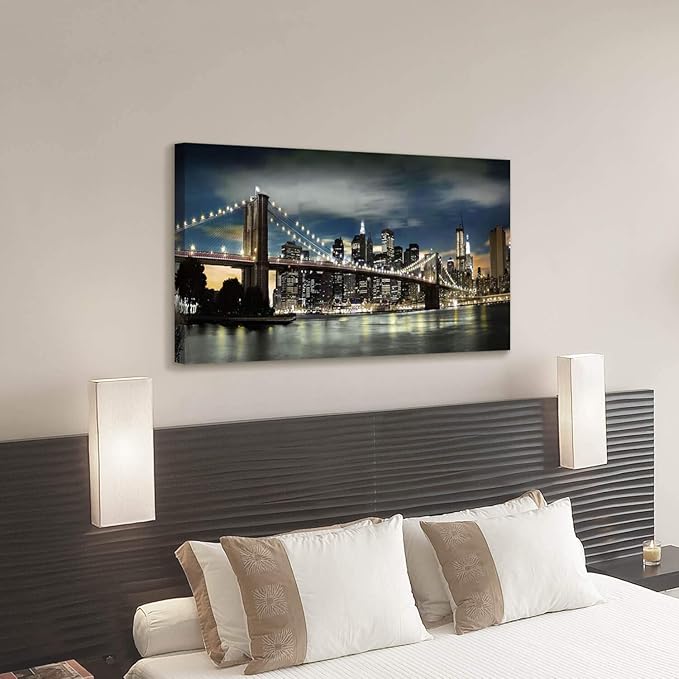 Brooklyn Bridge Canvas Wall Art: Skylines Reflections in New York Artwork for Office Living Rooms(40”x20”)-Ruum Studio Home