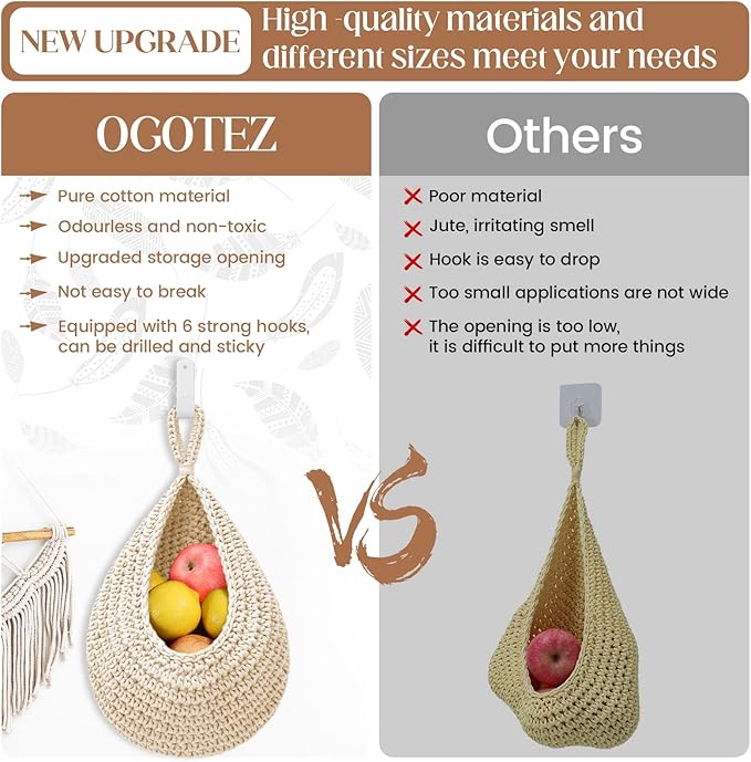 Hanging Fruit Baskets for Kitchen - 3 Pack Boho Wall Hanging Basket with 6 Pcs Strong Hooks, Handwoven Onion Storage Teardrop Home Onion Basket for Fruits Vegetable Potato Kitchen Storage (White)-Ruum Studio Home
