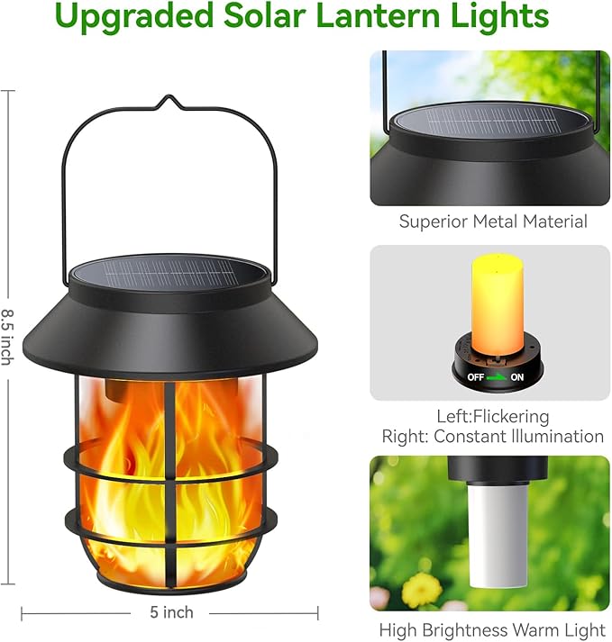 Solar Lanterns Outdoor Waterproof, Upgraded Flickering Flames Hanging Solar Lights for Outside with Wall Hooks, Halloween Decor Retro Metal Outdoor Lanterns Auto On/Off for Patio, Yard Decor-Ruum Studio Home