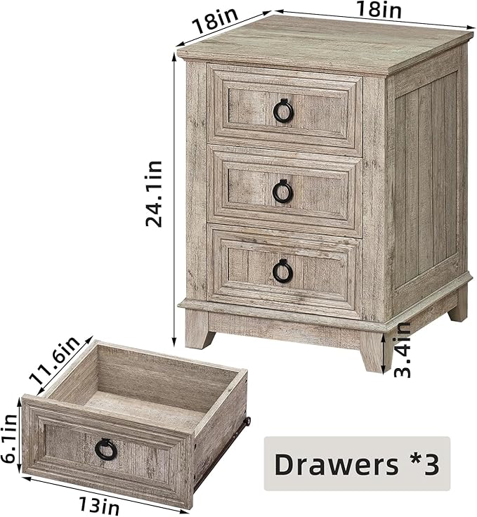 18" Farmhouse Night Stands Set of 2 with Charging Station, 2 & 3 Drawers End Table Dresser for Bedroom, Oak Wooden Nightstand, Bed Side Table with Open Shelf, Bedside Cabinet for Living Room-Ruum Studio Home