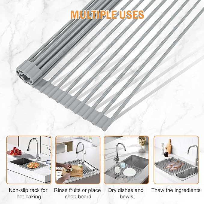 LEMIKKLE Roll Up Dish Drying Rack 17" x 13", Over The Sink Dish Drainer Rack, Foldable Sink Drying Rack, Anti-Slip Silicone Wrapped Dish Drainer for Kitchen Counter (Grey 17" x 13")-Ruum Studio Home