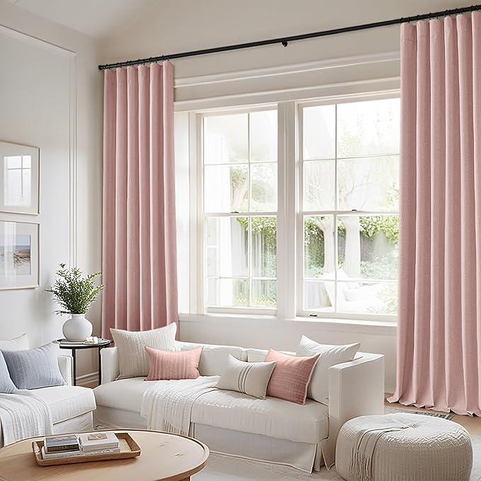 MIULEE 100% Blackout Curtains 120 Inch Long 2 Panels for Bedroom, Thick Luxury Faux Linen Black Out Curtain Room Darkening Back Tab Pleat Window Textured Drapes with Hooks for Living Room, Baby Pink-Ruum Studio Home