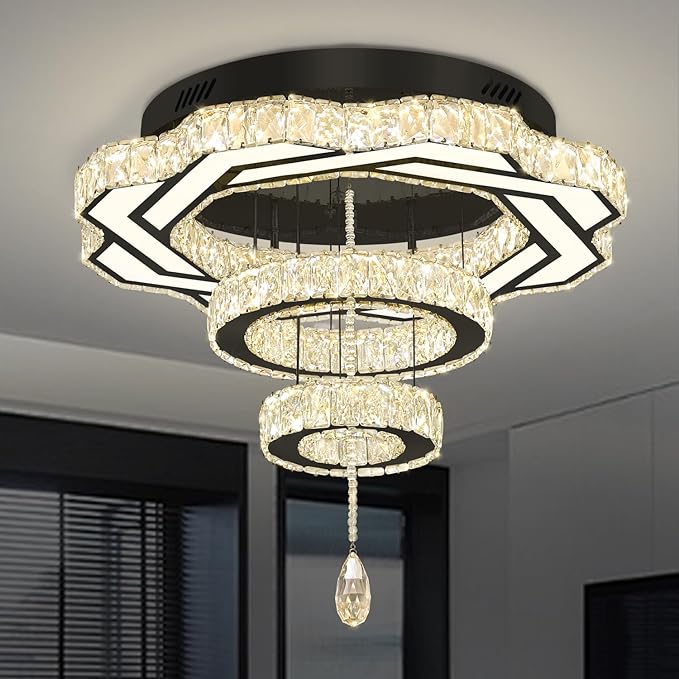 Flashing God Modern Crystal Chandeliers Dia 24" Black Chandelier Flush Mount Ceiling Light for Bedroom Living Room Dining Room Hallway Dimmable 3 Rings LED Celing Lighting Fixtures-Ruum Studio Home