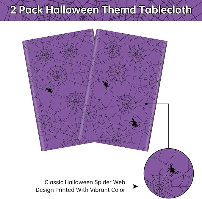 2 Pcs Halloween Tablecloth - Plastic Halloweens Spider Webs Table Cloth, Purple Disposable Rectangle Spiderweb Table Cover for Halloween Party Decorations Supplies Favors Tables Decor, 108 x 54 Inch-Ruum Studio Home