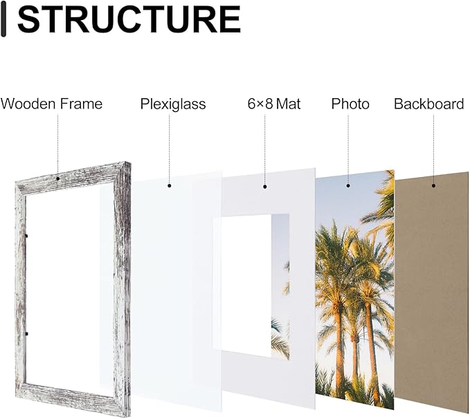 Vittanly 9x12 Picture Frames Set of 9, Shatter Resistant Plexiglass, Display 6x8 Pictures with Mat or 9x12 without Mat, Photo Frames for Wall or Tabletop, Engineered Wood, Distressed White-Ruum Studio Home