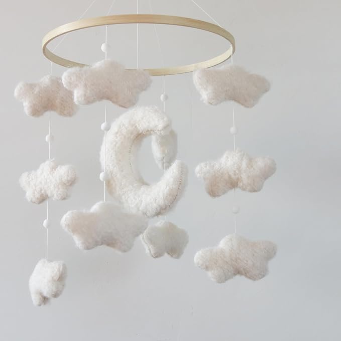 Boucle Cloud Moon Crib Mobile Boho Baby Mobile for Crib Neutral Nursery Mobile for Boys & Girls-Ruum Studio Home