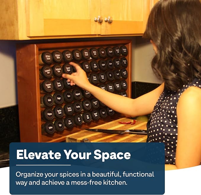 AllSpice Spice Rack Organizer, Wood, 525 Unique Labels, Countertop or Wall Mount, Includes 60 4oz Jars- Cherry Stain-Ruum Studio Home