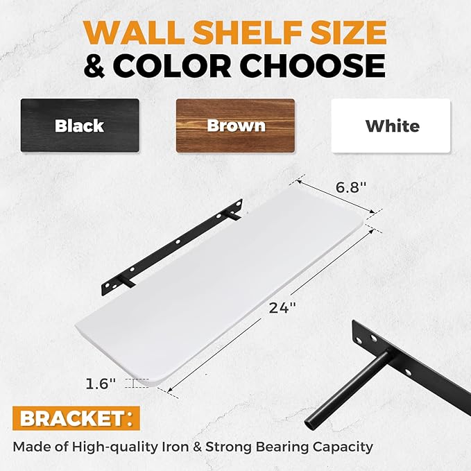 24"x6.8"x1.6" Slanted Floating Wall Shelves 2-Pack - Rustic White Finish, Heavy-Duty Solid Wood Design with Hidden Brackets - Perfect for Living Room, Kitchen, Bathroom, or Office-Ruum Studio Home