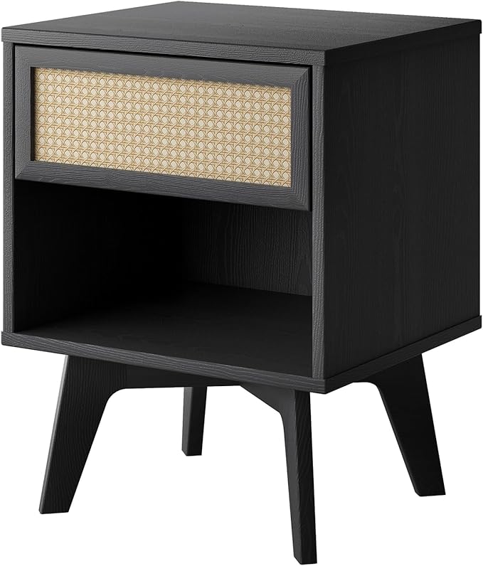 MUSEHOMEINC Nightstand, Boho Bedside Table with Rattan Drawer Open Shelf, Black Wooden Night Stand with Storage, Mid Century Modern End Table for Bedroom, Living Room,Dorm and Small Spaces-Ruum Studio Home