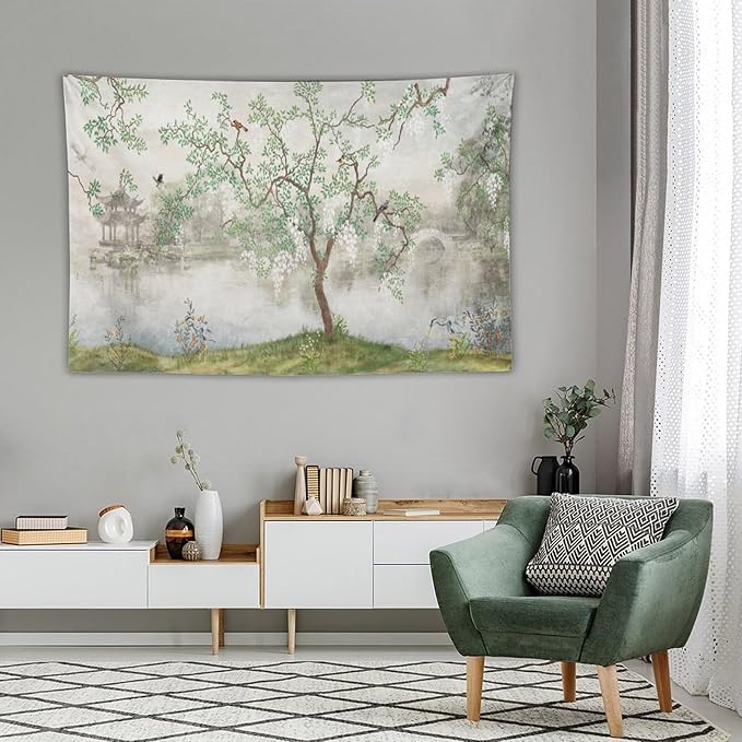 HZOHNAGO Japanese Tapestry Tree Misty Garden Lake Printed Wall Tapestry Ink Painting Wall Hanging for Bedroom Living Room Dorm 60" W x 40" H-Ruum Studio Home