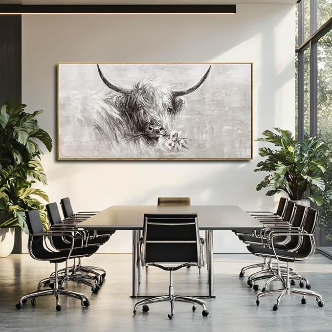Farmhouse Decor Framed Wall Animal and Flower Artwork Grey Vintage Cow Wall Art with Frame for Living Room Bedroom Dining Room Office 29x58 Inch-Ruum Studio Home