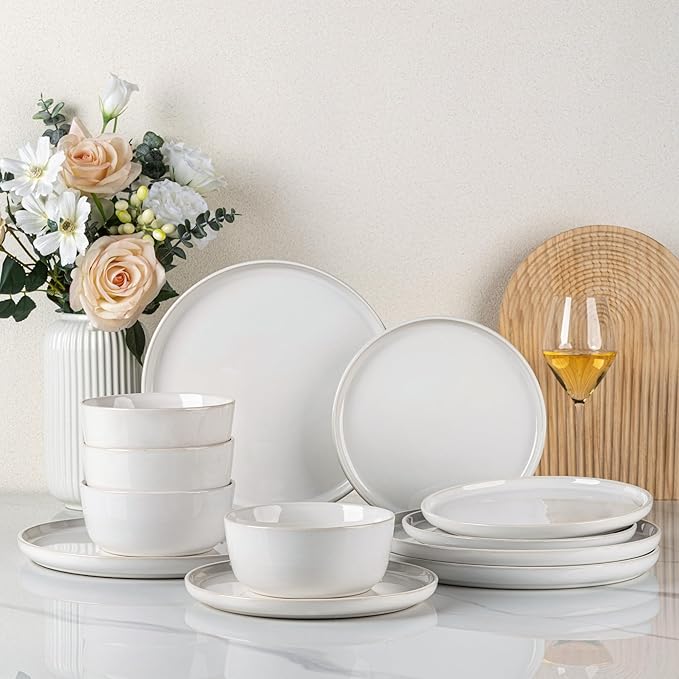 GBHOME Ceramic Dinnerware Sets for 4, 12 Pieces Stoneware Plates and Bowls Sets, Reactive Glaze Dishes -Scratch Resistant, Dishwasher&Microwave Safe-Star White-Ruum Studio Home