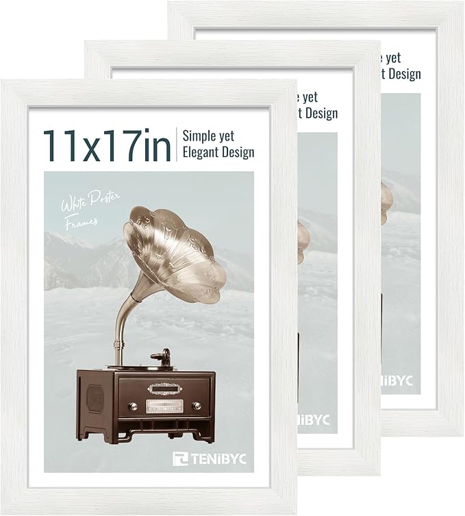 11x17 Picture Frame 3 Pack - White Woodgrain, Solid Wood & HD Tempered Glass, Wall Gallery Poster Frame-Ruum Studio Home